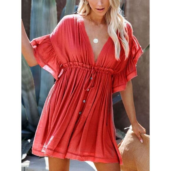 Everyday the Label Dresses & Skirts - Everyday the Label Drawstring Ruffled Half Sleeve Mini Dress Women Deep Red